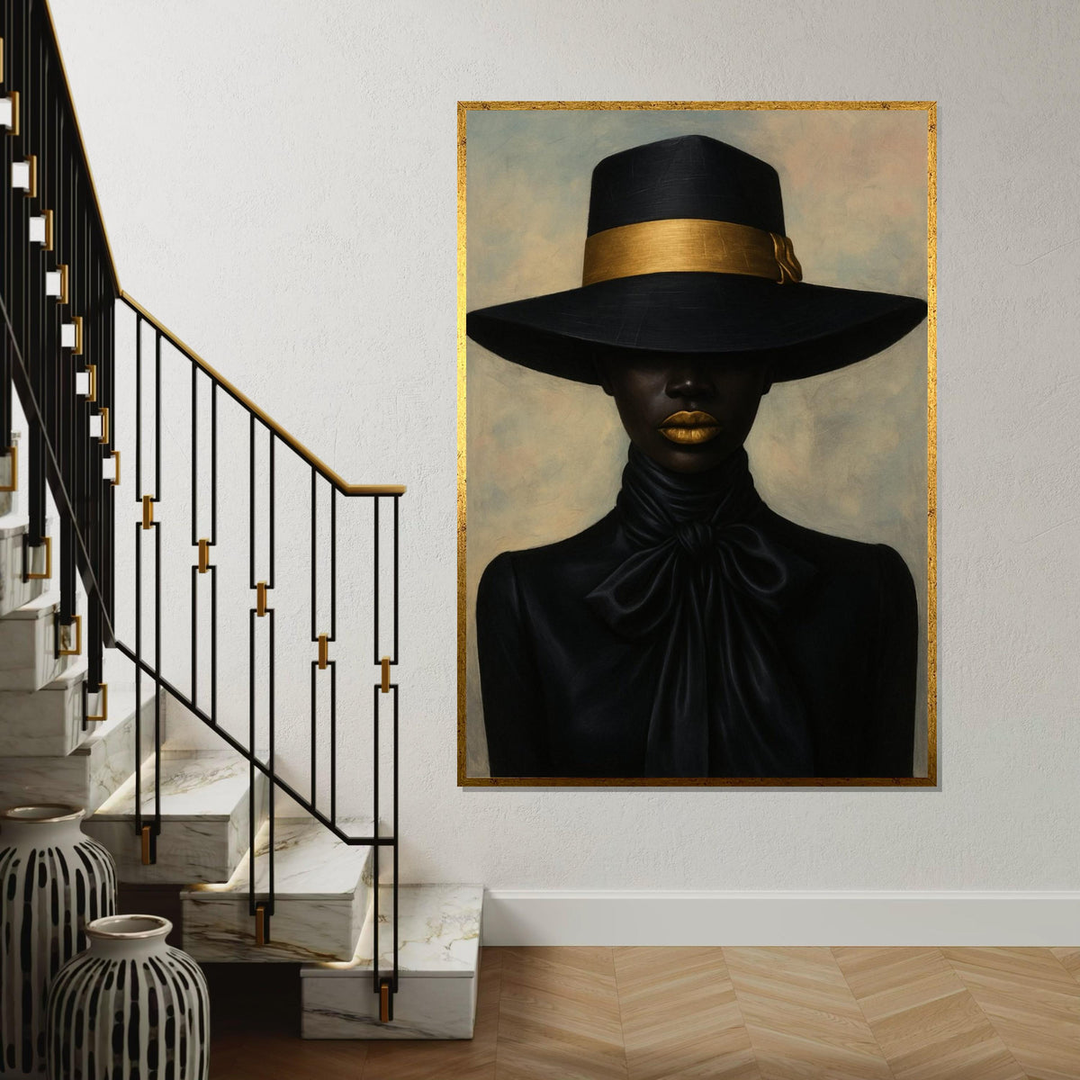 Black Hat Elegance Canvas Print – Chic Afro Woman with Gold Band & Lips, Minimalist Fashion Portrait Wall Art, Luxe Décor Gift