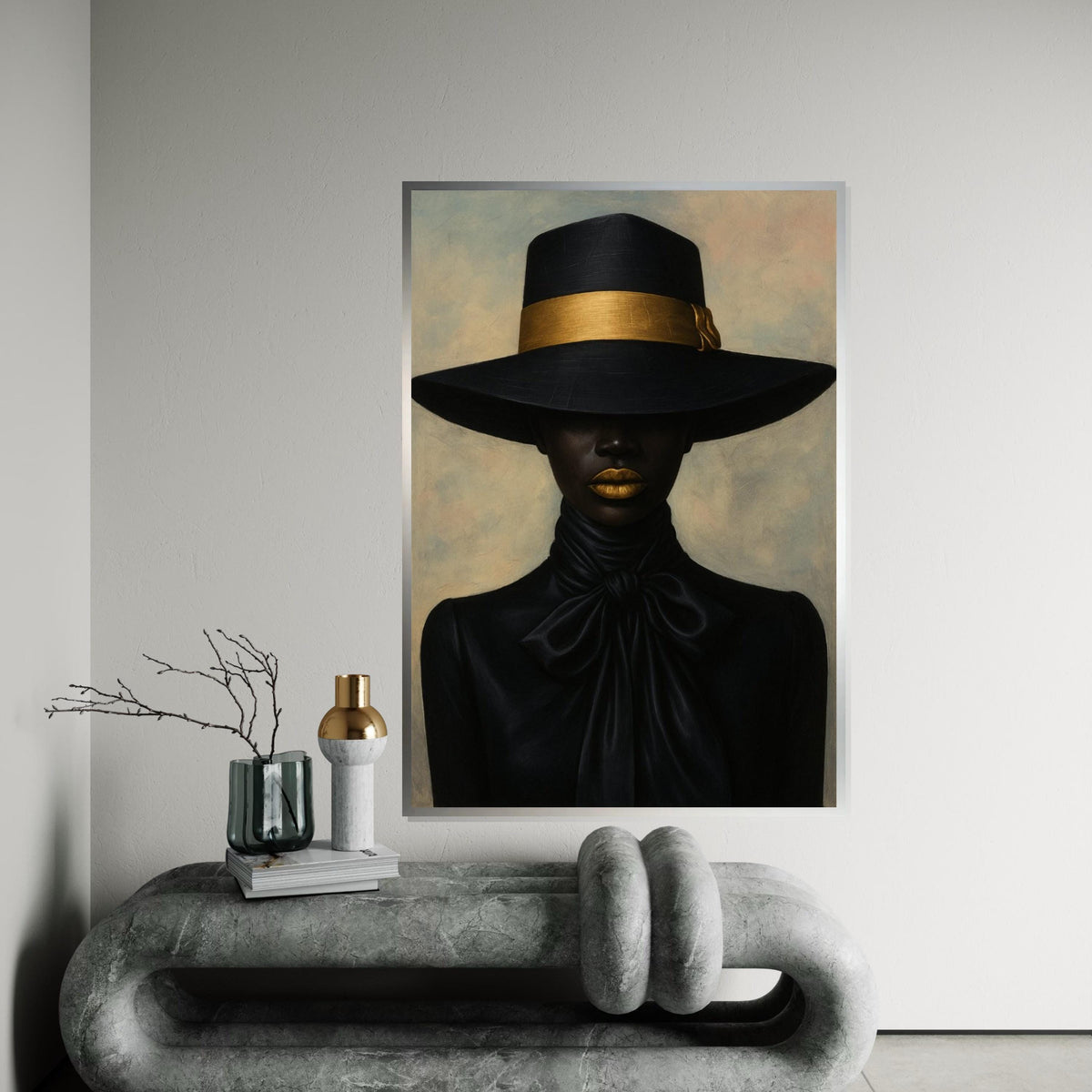 Black Hat Elegance Canvas Print – Chic Afro Woman with Gold Band & Lips, Minimalist Fashion Portrait Wall Art, Luxe Décor Gift