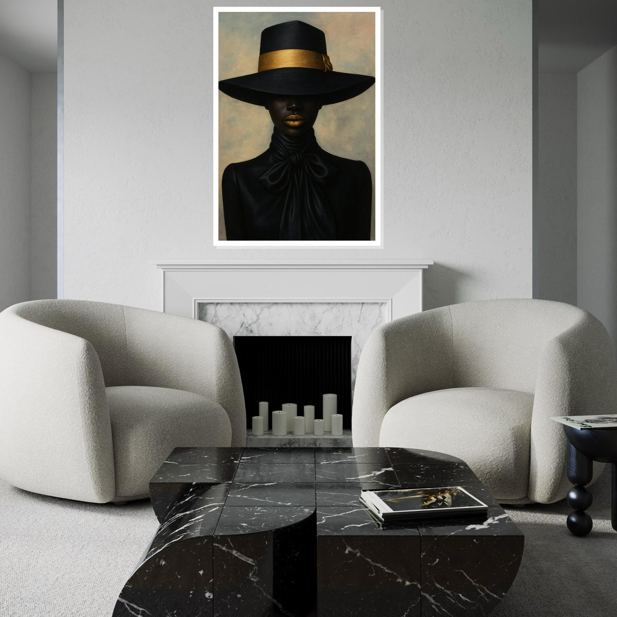 Black Hat Elegance Canvas Print – Chic Afro Woman with Gold Band & Lips, Minimalist Fashion Portrait Wall Art, Luxe Décor Gift