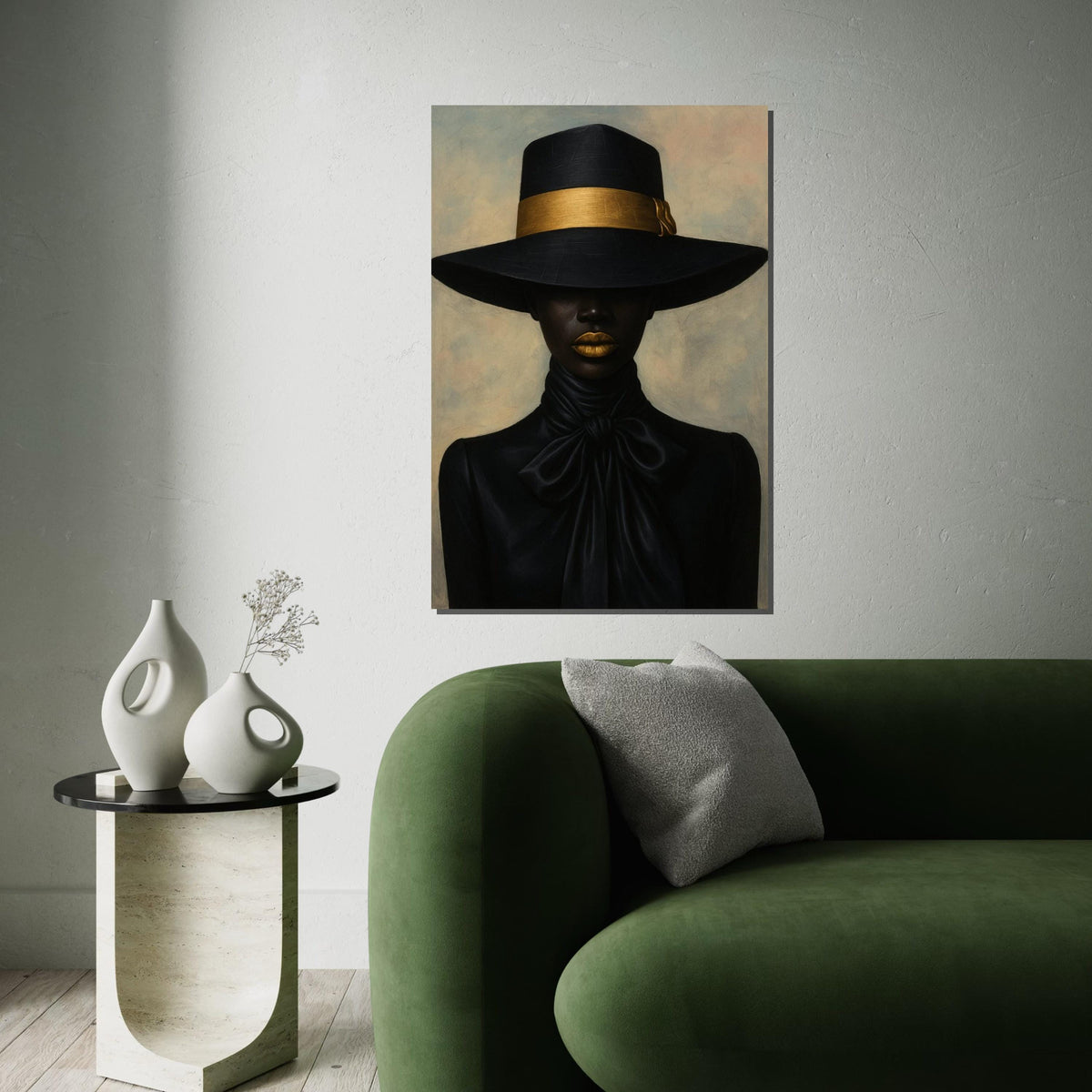 Black Hat Elegance Canvas Print – Chic Afro Woman with Gold Band & Lips, Minimalist Fashion Portrait Wall Art, Luxe Décor Gift