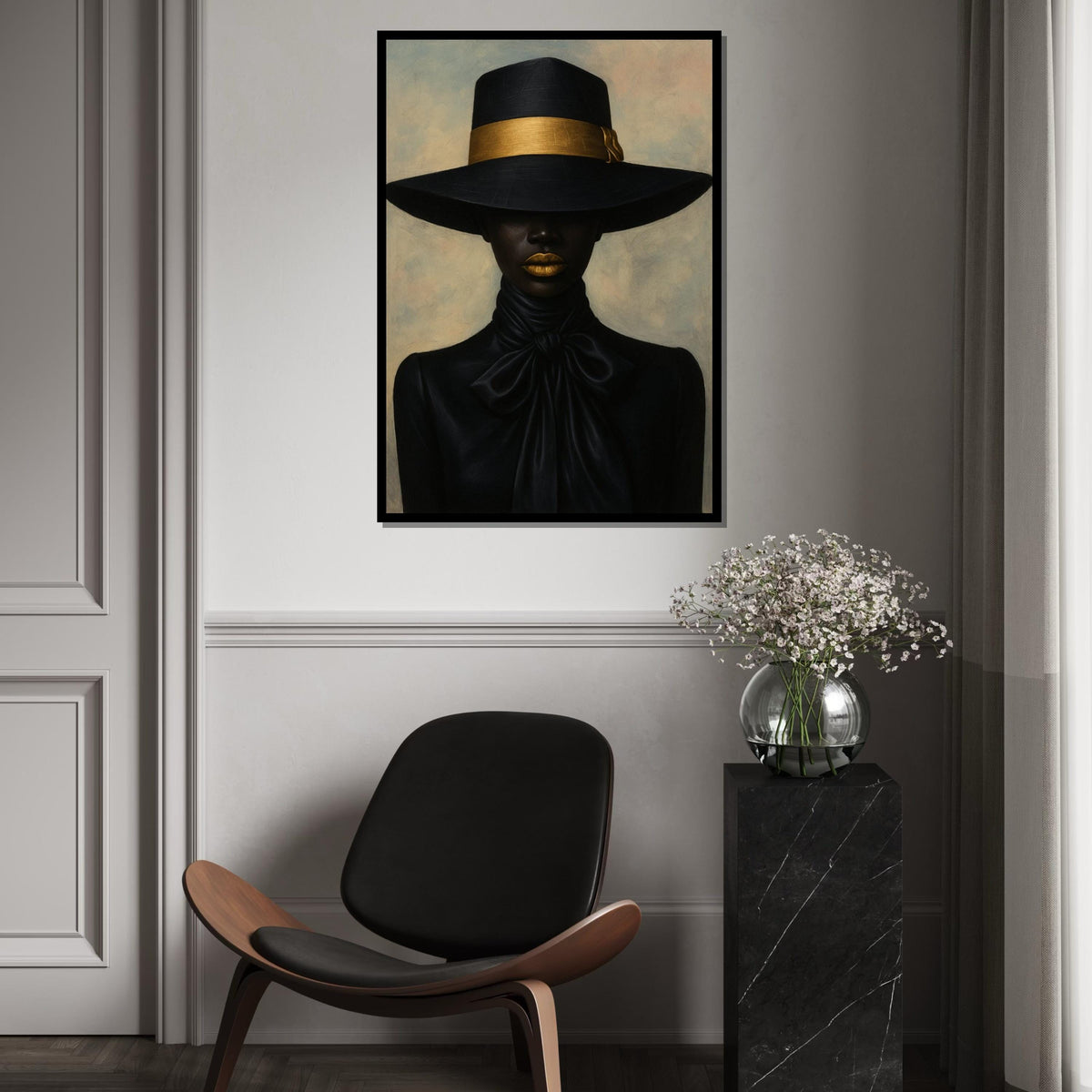 Black Hat Elegance Canvas Print – Chic Afro Woman with Gold Band & Lips, Minimalist Fashion Portrait Wall Art, Luxe Décor Gift
