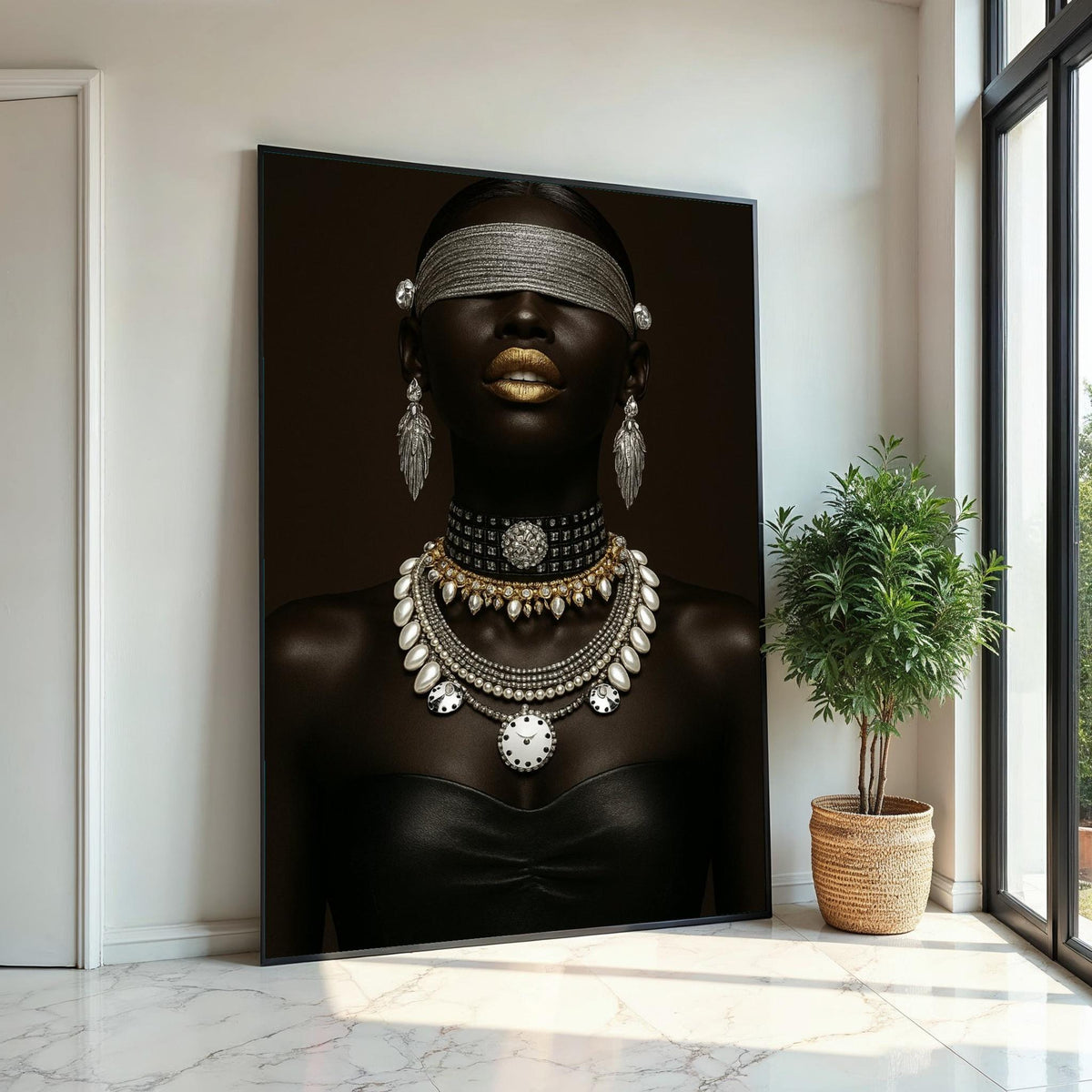 Black Woman Ethnic Portrait Canvas Print – Luxe Black Woman with Gold Lips & Pearl Diamond Jewelry, Modern Fashion Wall Art Gift