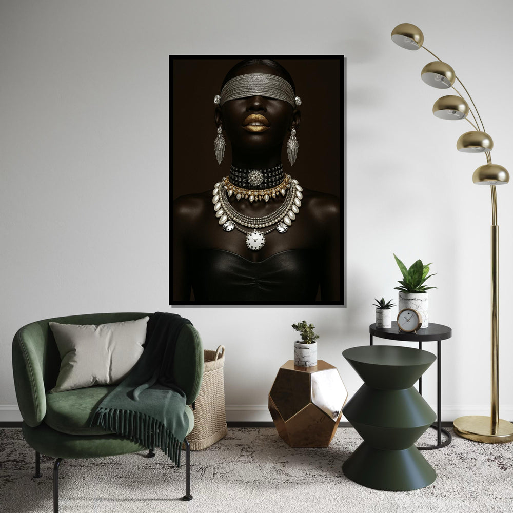 Black Woman Ethnic Portrait Canvas Print – Luxe Black Woman with Gold Lips & Pearl Diamond Jewelry, Modern Fashion Wall Art Gift