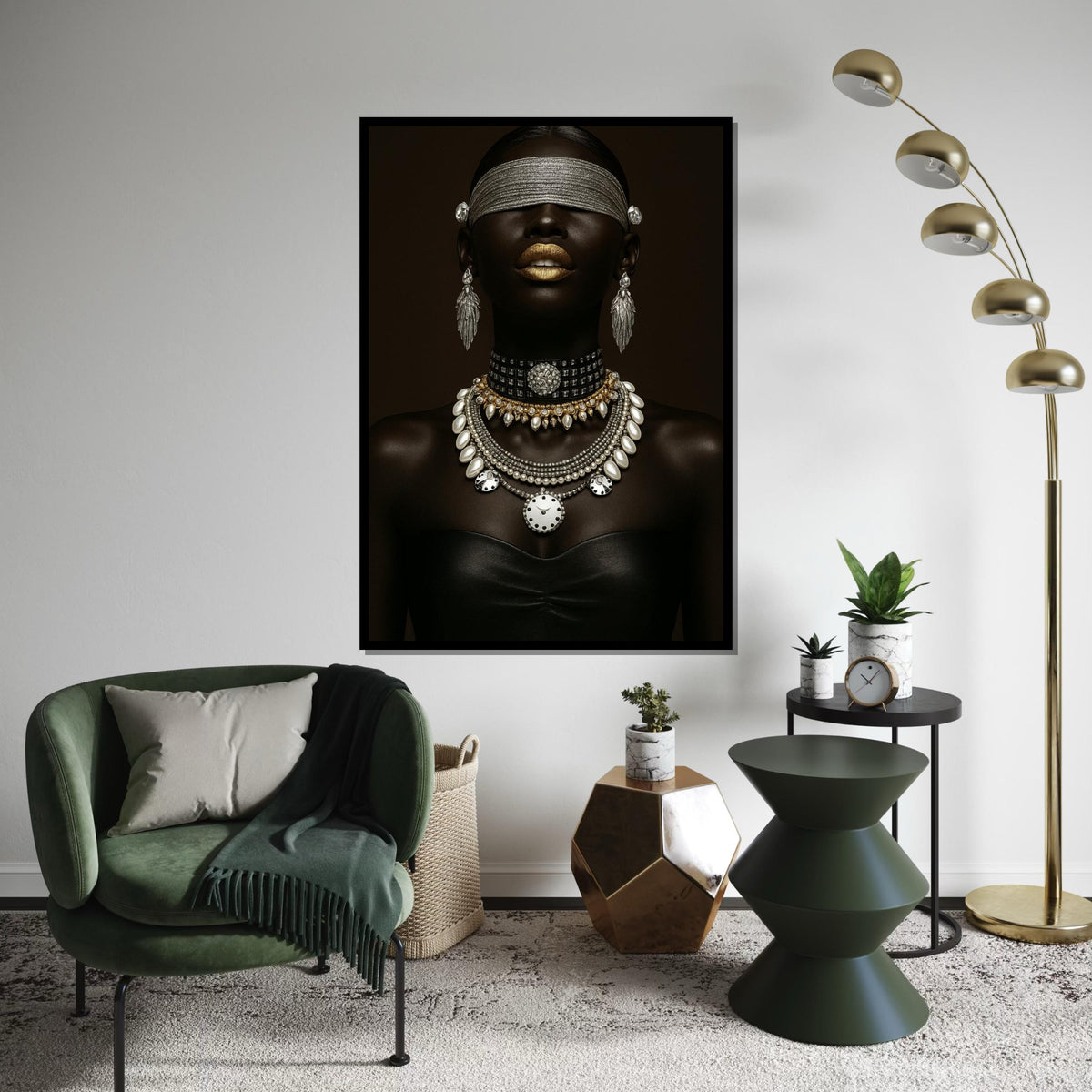 Black Woman Ethnic Portrait Canvas Print – Luxe Black Woman with Gold Lips & Pearl Diamond Jewelry, Modern Fashion Wall Art Gift