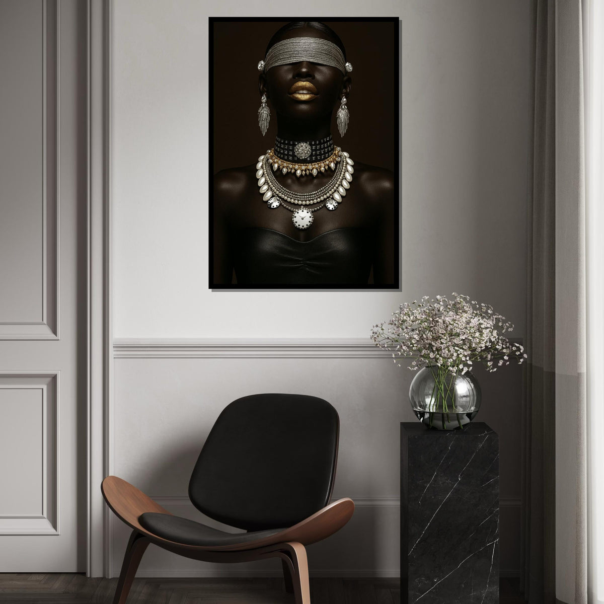 Black Woman Ethnic Portrait Canvas Print – Luxe Black Woman with Gold Lips & Pearl Diamond Jewelry, Modern Fashion Wall Art Gift