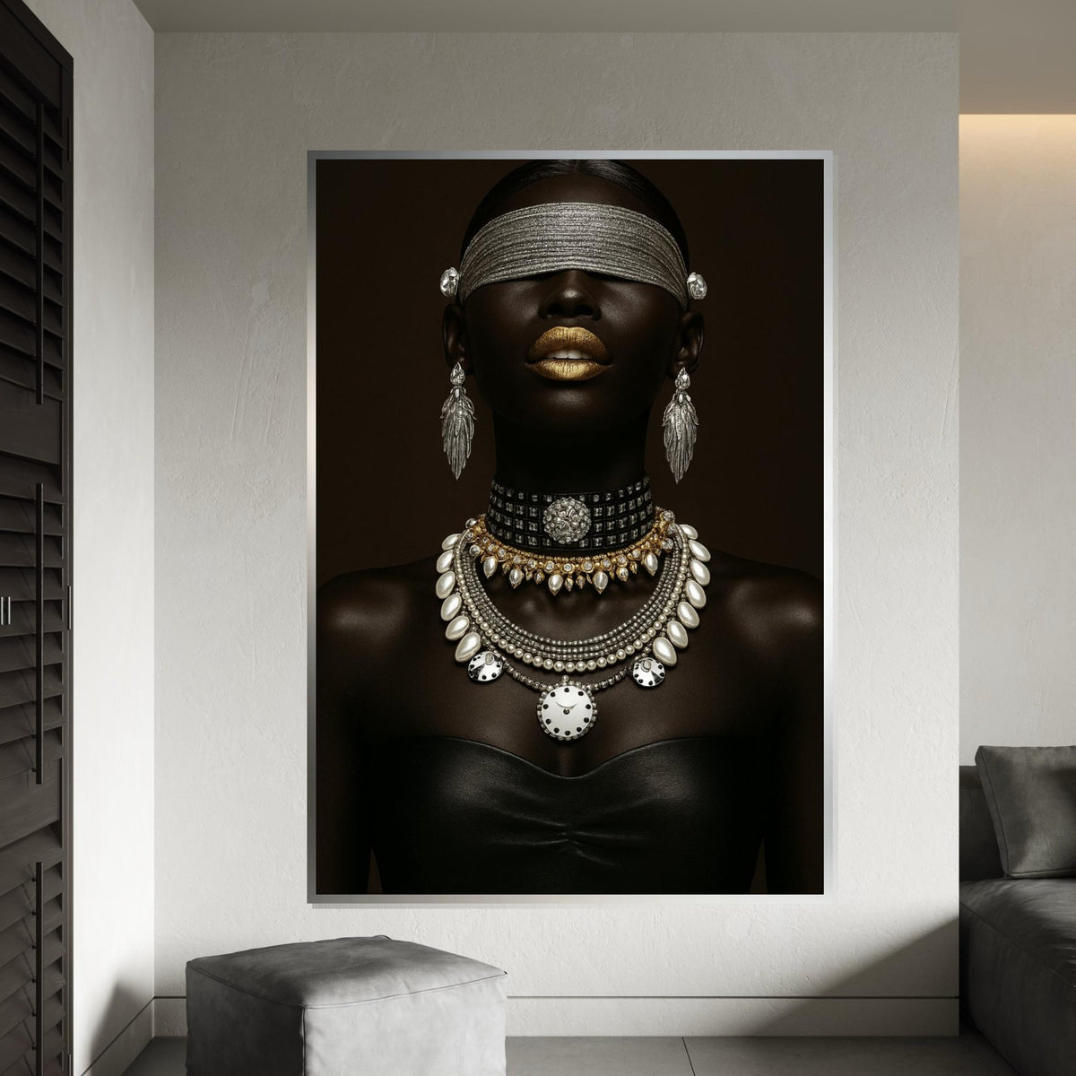 Black Woman Ethnic Portrait Canvas Print – Luxe Black Woman with Gold Lips & Pearl Diamond Jewelry, Modern Fashion Wall Art Gift