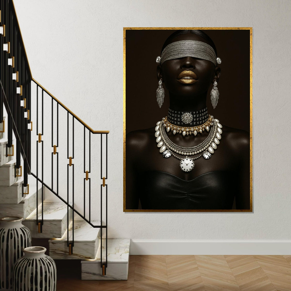 Black Woman Ethnic Portrait Canvas Print – Luxe Black Woman with Gold Lips & Pearl Diamond Jewelry, Modern Fashion Wall Art Gift