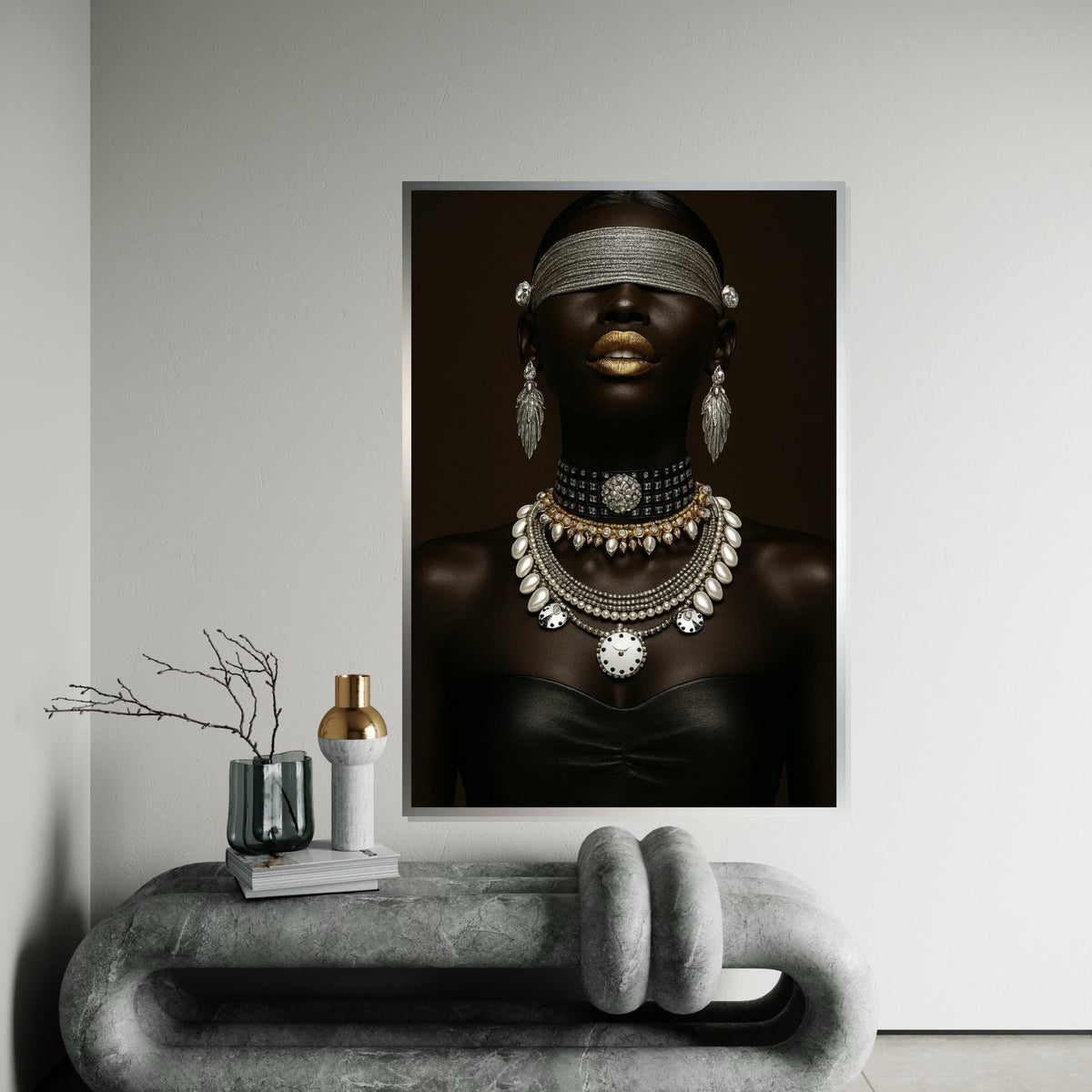 Black Woman Ethnic Portrait Canvas Print – Luxe Black Woman with Gold Lips & Pearl Diamond Jewelry, Modern Fashion Wall Art Gift