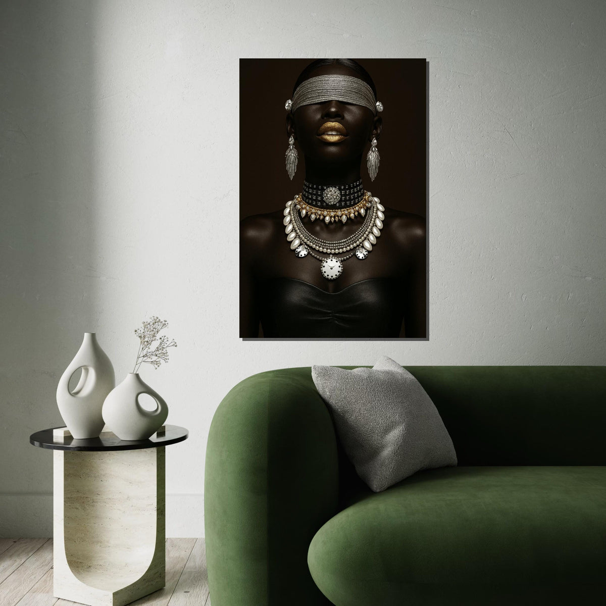 Black Woman Ethnic Portrait Canvas Print – Luxe Black Woman with Gold Lips & Pearl Diamond Jewelry, Modern Fashion Wall Art Gift