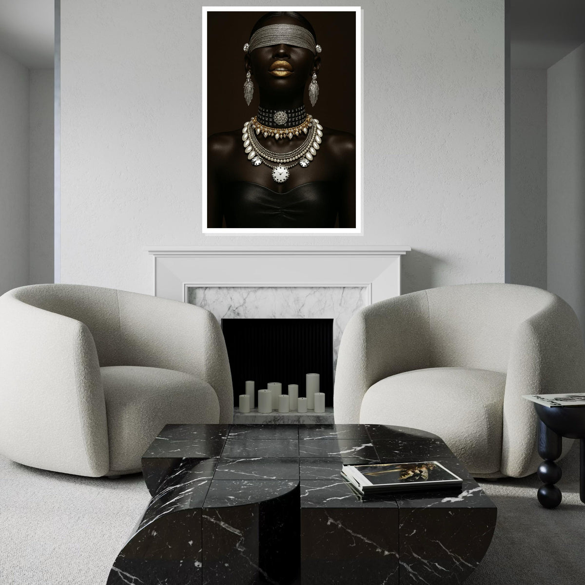 Black Woman Ethnic Portrait Canvas Print – Luxe Black Woman with Gold Lips & Pearl Diamond Jewelry, Modern Fashion Wall Art Gift