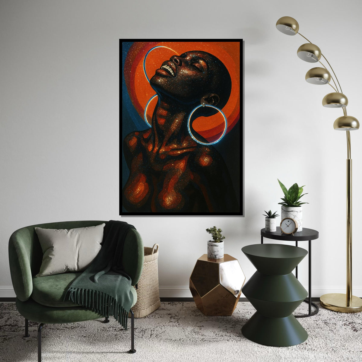 Cosmic Afro Woman Canvas Print – Galaxy Glitter Portrait with Neon Hoop Earrings, Vibrant Celestial Wall Art, Modern Boho Décor Gift