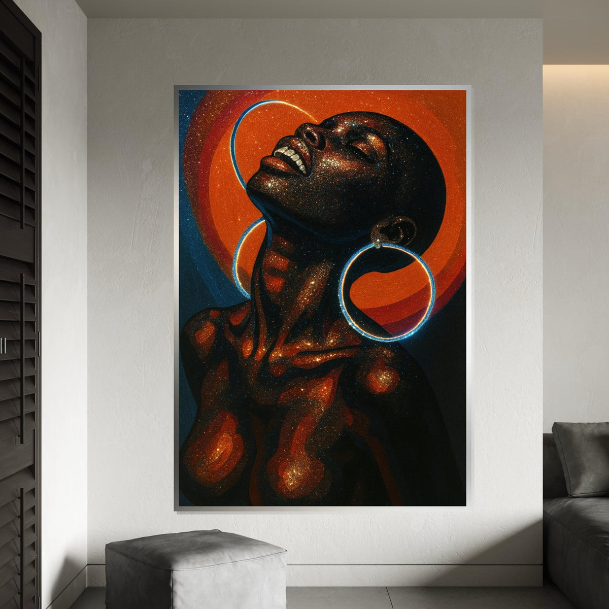 Cosmic Afro Woman Canvas Print – Galaxy Glitter Portrait with Neon Hoop Earrings, Vibrant Celestial Wall Art, Modern Boho Décor Gift