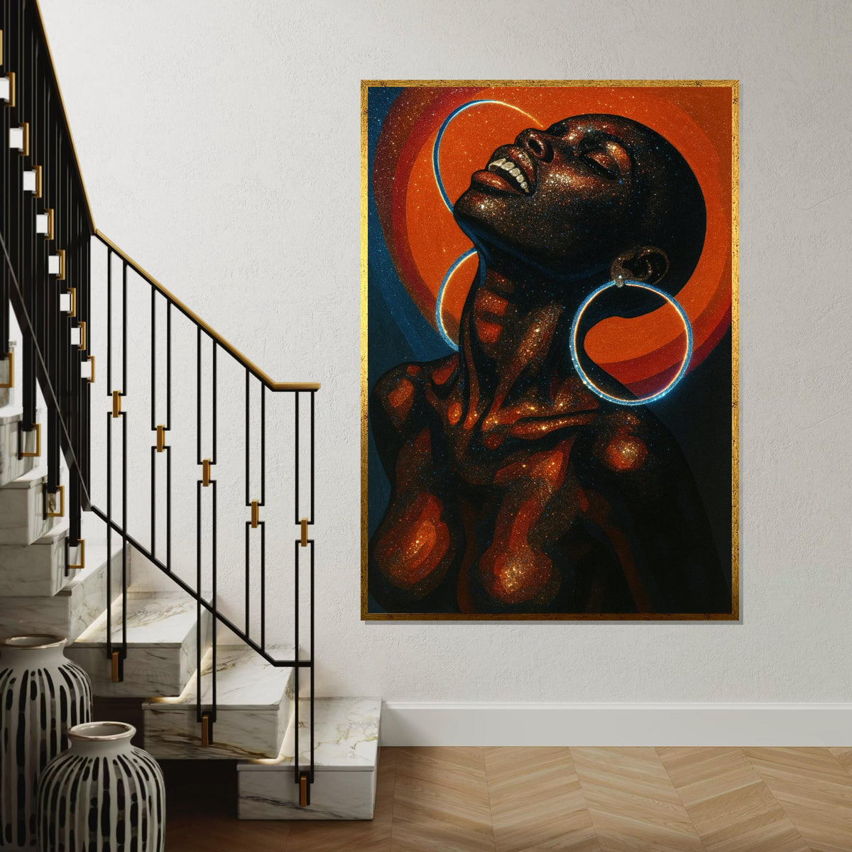 Cosmic Afro Woman Canvas Print – Galaxy Glitter Portrait with Neon Hoop Earrings, Vibrant Celestial Wall Art, Modern Boho Décor Gift