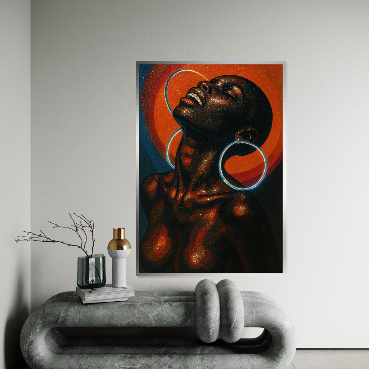 Cosmic Afro Woman Canvas Print – Galaxy Glitter Portrait with Neon Hoop Earrings, Vibrant Celestial Wall Art, Modern Boho Décor Gift