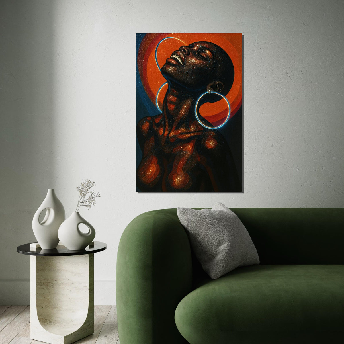 Cosmic Afro Woman Canvas Print – Galaxy Glitter Portrait with Neon Hoop Earrings, Vibrant Celestial Wall Art, Modern Boho Décor Gift