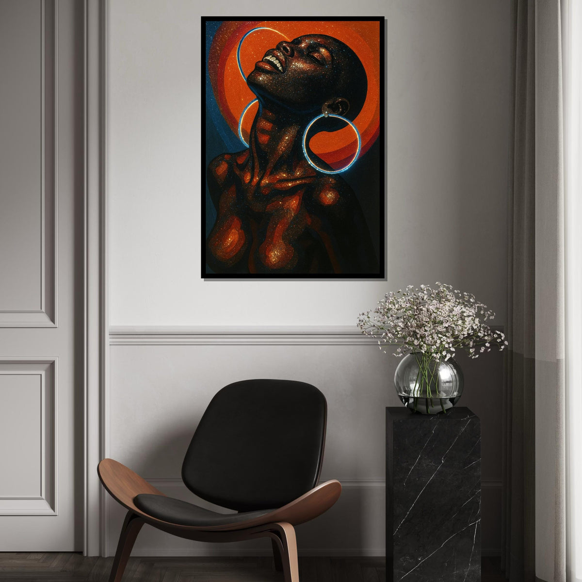 Cosmic Afro Woman Canvas Print – Galaxy Glitter Portrait with Neon Hoop Earrings, Vibrant Celestial Wall Art, Modern Boho Décor Gift