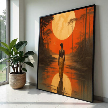 African Woman Moonrise Canvas Print – Silhouette Walking on Water under Orange Sunset, Serene Boho Landscape Wall Art Décor Gift
