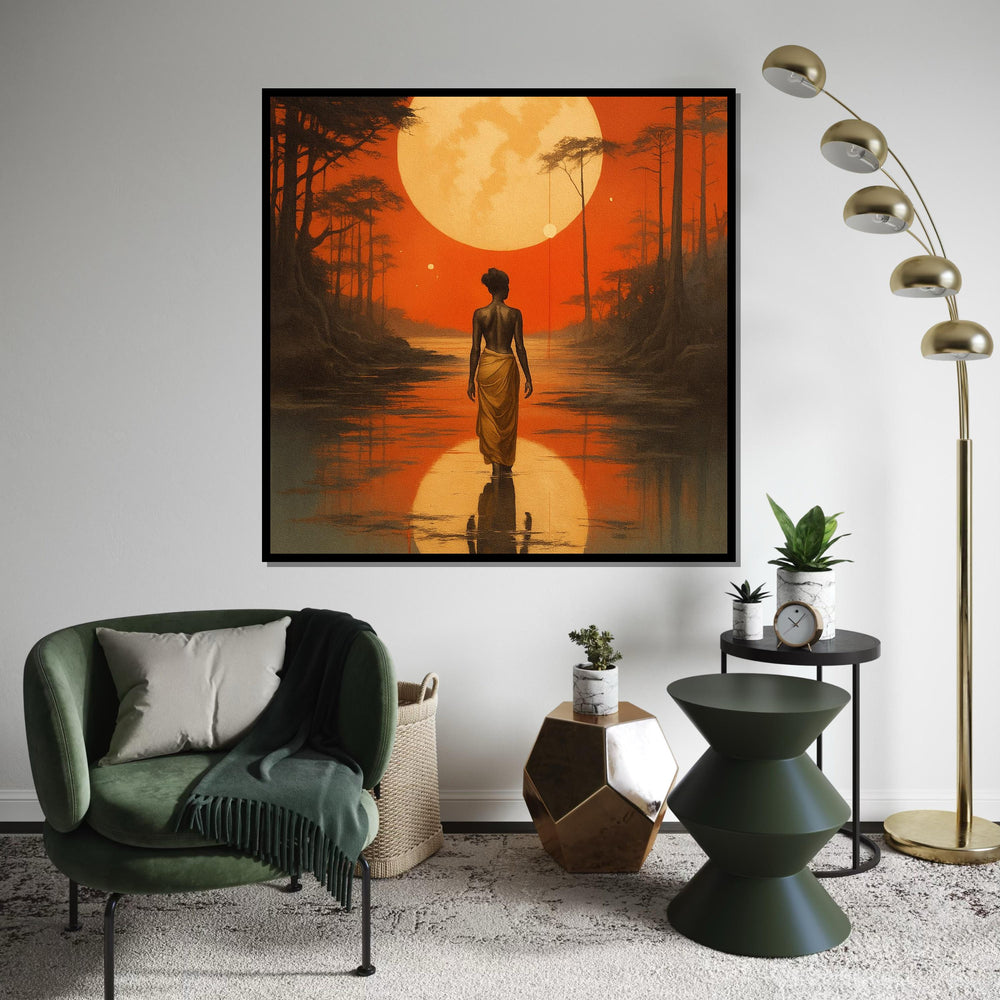 African Woman Moonrise Canvas Print – Silhouette Walking on Water under Orange Sunset, Serene Boho Landscape Wall Art Décor Gift