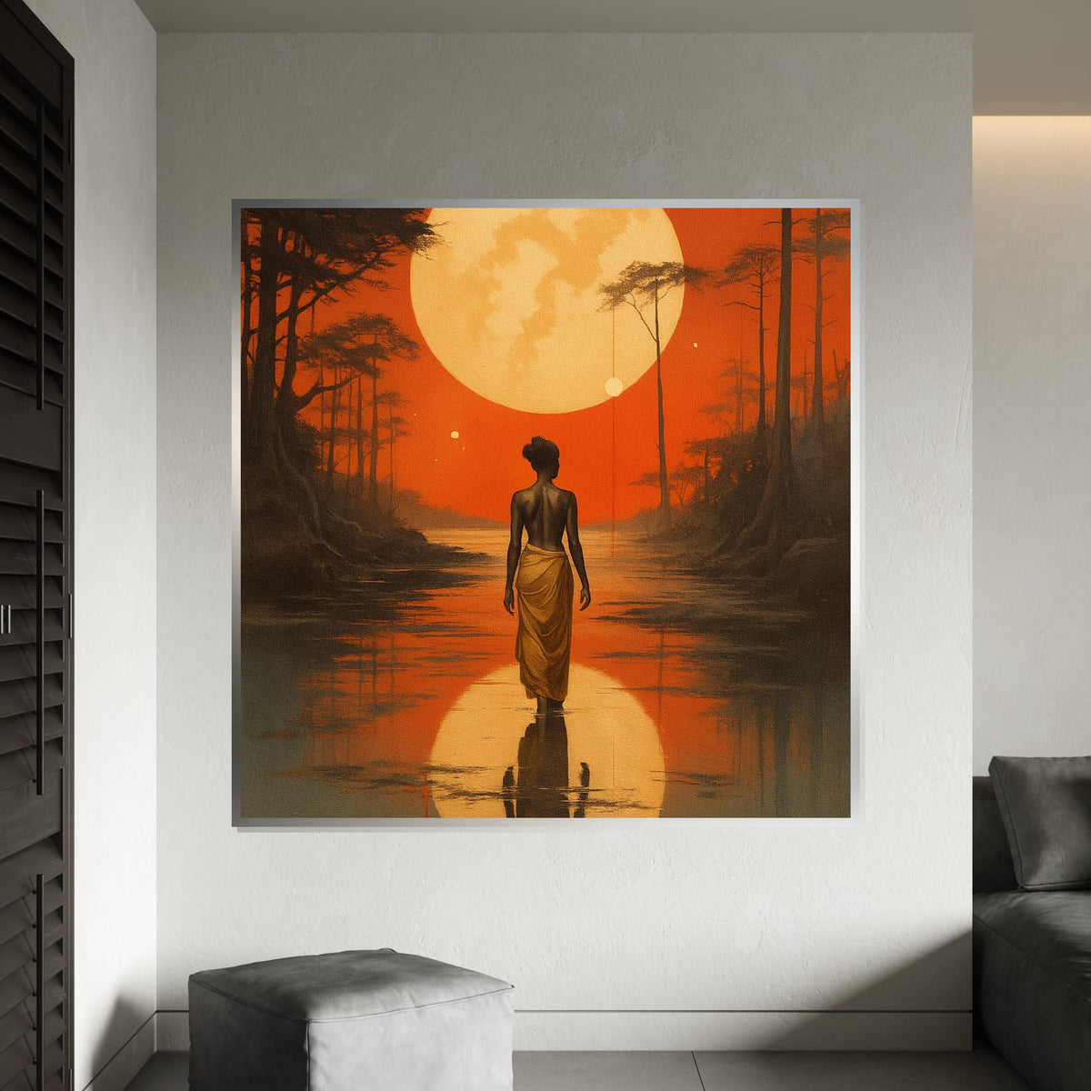 African Woman Moonrise Canvas Print – Silhouette Walking on Water under Orange Sunset, Serene Boho Landscape Wall Art Décor Gift