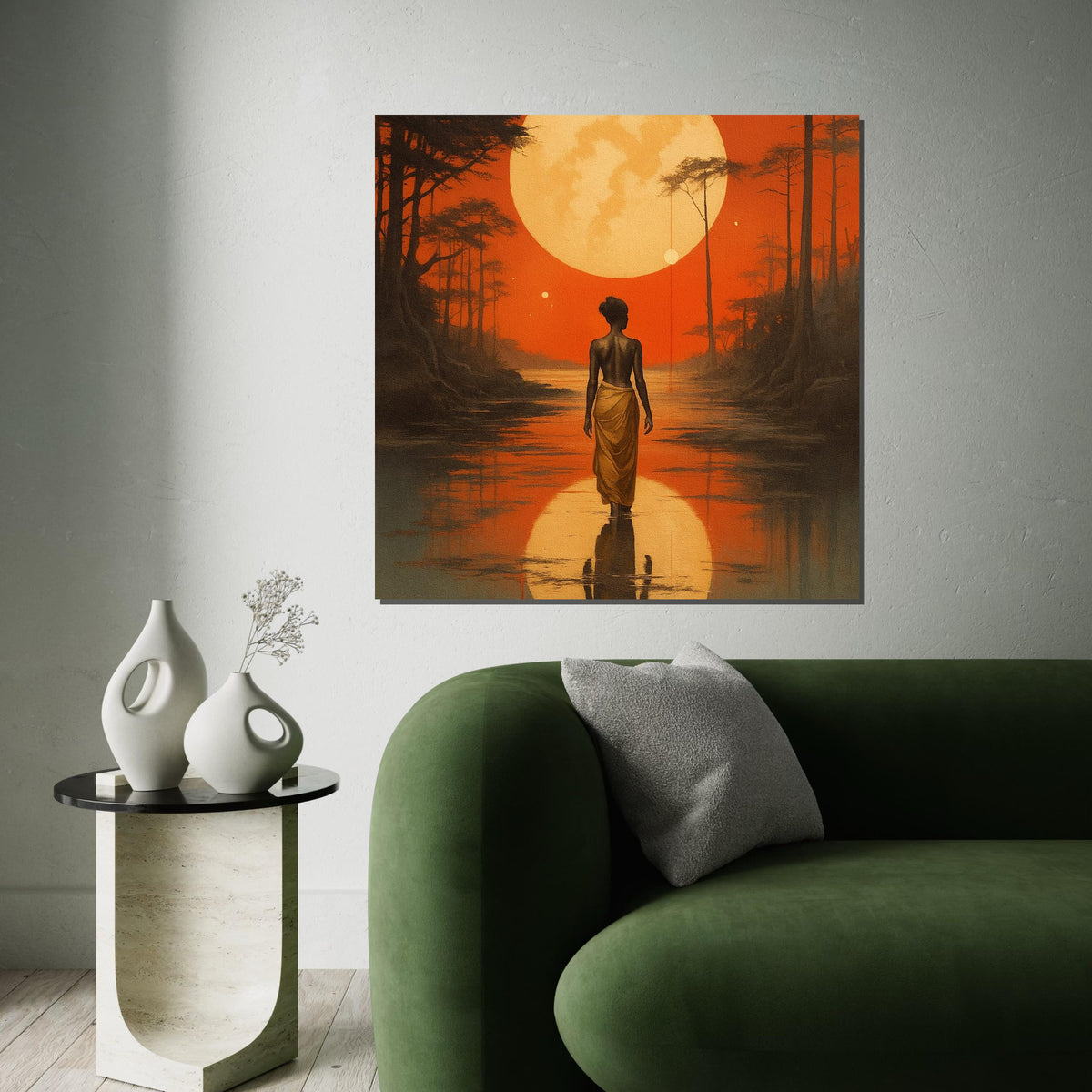 African Woman Moonrise Canvas Print – Silhouette Walking on Water under Orange Sunset, Serene Boho Landscape Wall Art Décor Gift