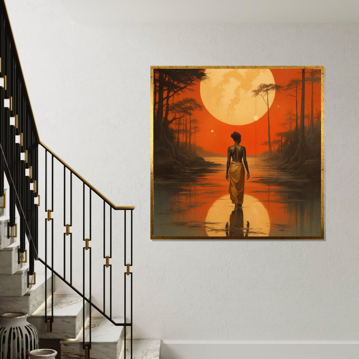 African Woman Moonrise Canvas Print – Silhouette Walking on Water under Orange Sunset, Serene Boho Landscape Wall Art Décor Gift