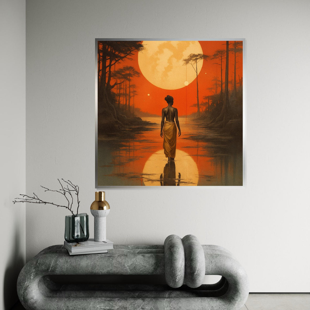 African Woman Moonrise Canvas Print – Silhouette Walking on Water under Orange Sunset, Serene Boho Landscape Wall Art Décor Gift