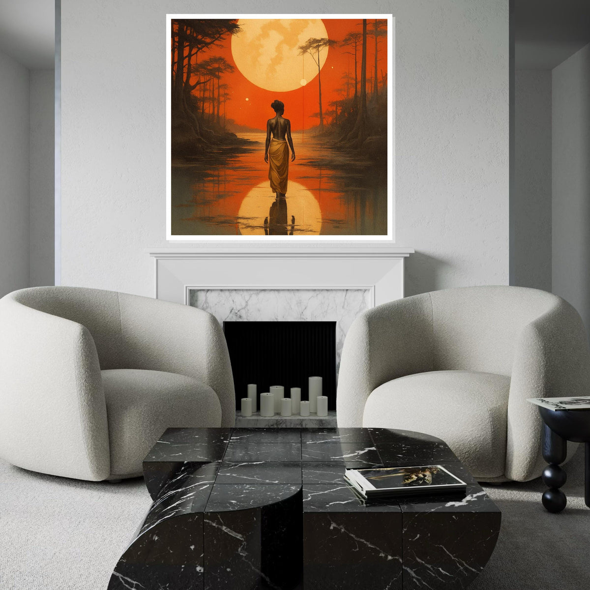 African Woman Moonrise Canvas Print – Silhouette Walking on Water under Orange Sunset, Serene Boho Landscape Wall Art Décor Gift