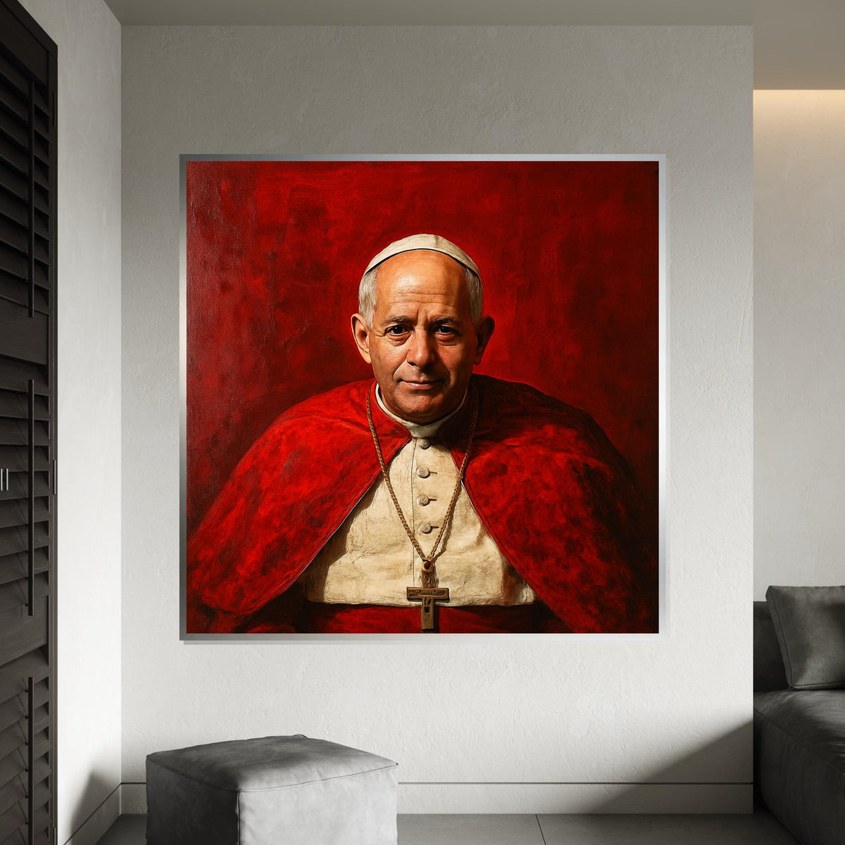 Robert Francis Prevost Portrait, New Pope Canvas Art, Red Vatican Inspired Wall Decor, Realistic Clergy Painting