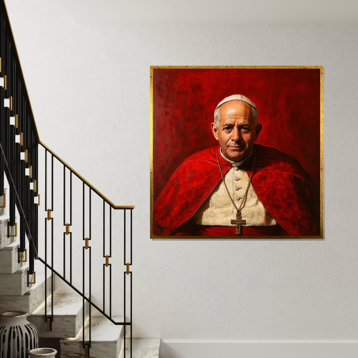 Robert Francis Prevost Portrait, New Pope Canvas Art, Red Vatican Inspired Wall Decor, Realistic Clergy Painting