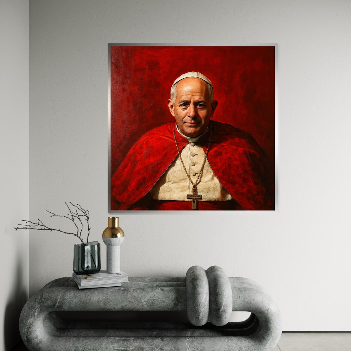 Robert Francis Prevost Portrait, New Pope Canvas Art, Red Vatican Inspired Wall Decor, Realistic Clergy Painting