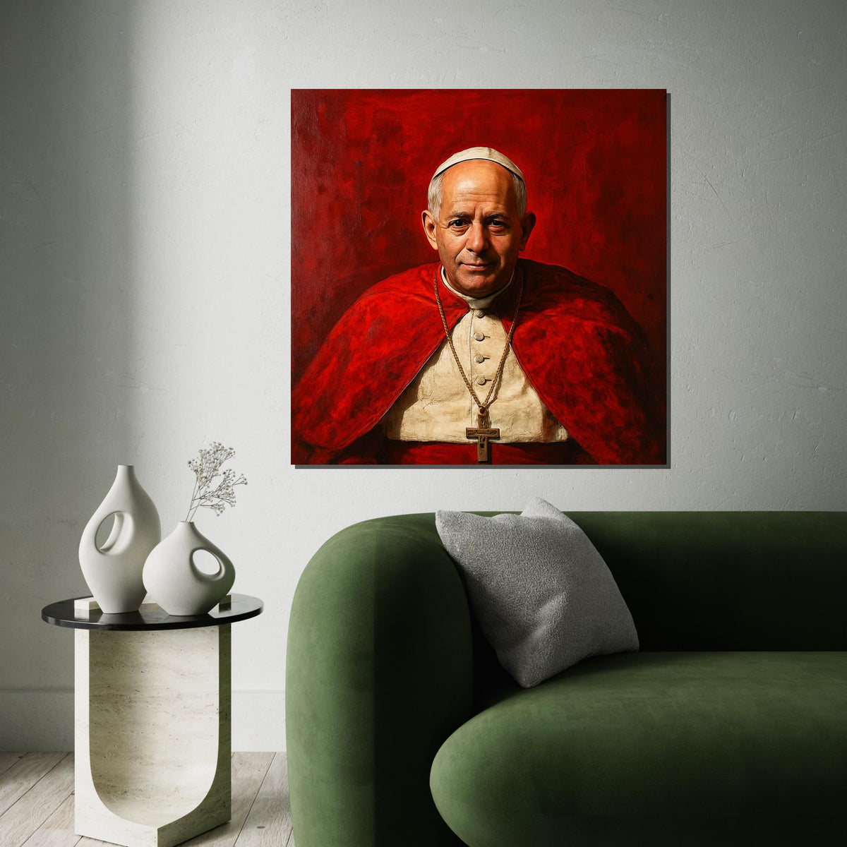 Robert Francis Prevost Portrait, New Pope Canvas Art, Red Vatican Inspired Wall Decor, Realistic Clergy Painting