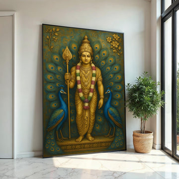 Murugan Hindu God Canvas Print,Golden Kartikeya with Peacocks Spiritual Painting, Large Indian Mythology Wall Art for Meditation Decor