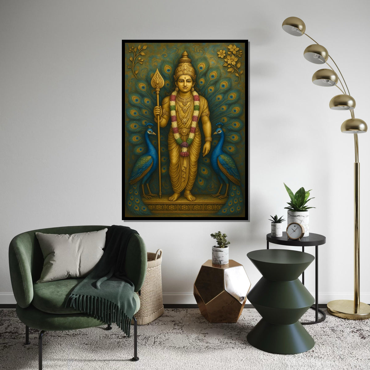 Murugan Hindu God Canvas Print,Golden Kartikeya with Peacocks Spiritual Painting, Large Indian Mythology Wall Art for Meditation Decor