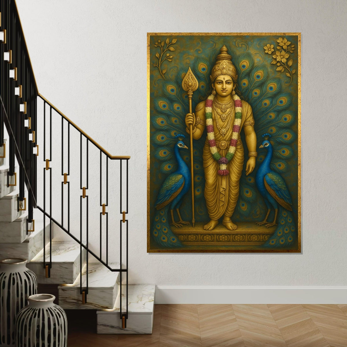 Murugan Hindu God Canvas Print,Golden Kartikeya with Peacocks Spiritual Painting, Large Indian Mythology Wall Art for Meditation Decor