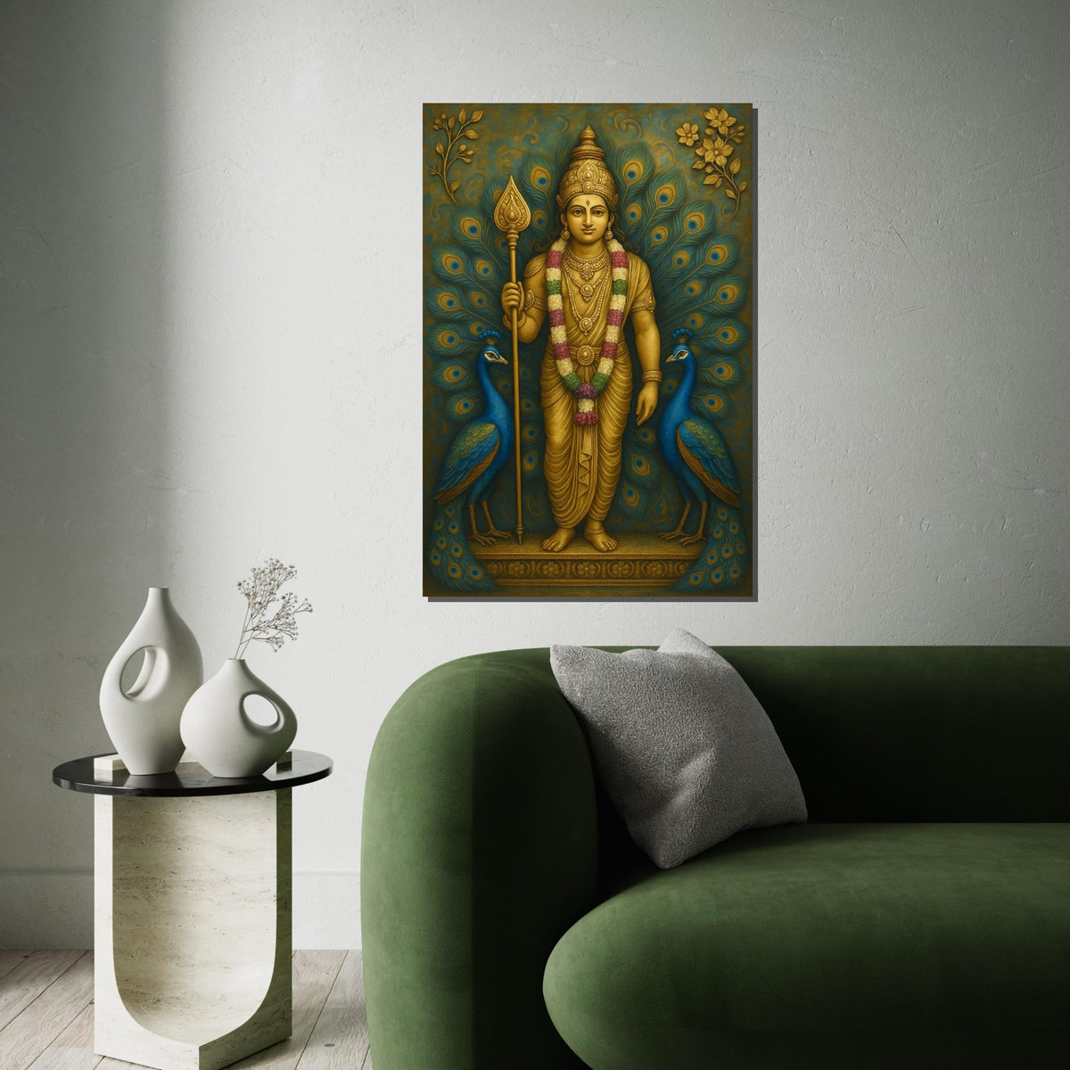 Murugan Hindu God Canvas Print,Golden Kartikeya with Peacocks Spiritual Painting, Large Indian Mythology Wall Art for Meditation Decor