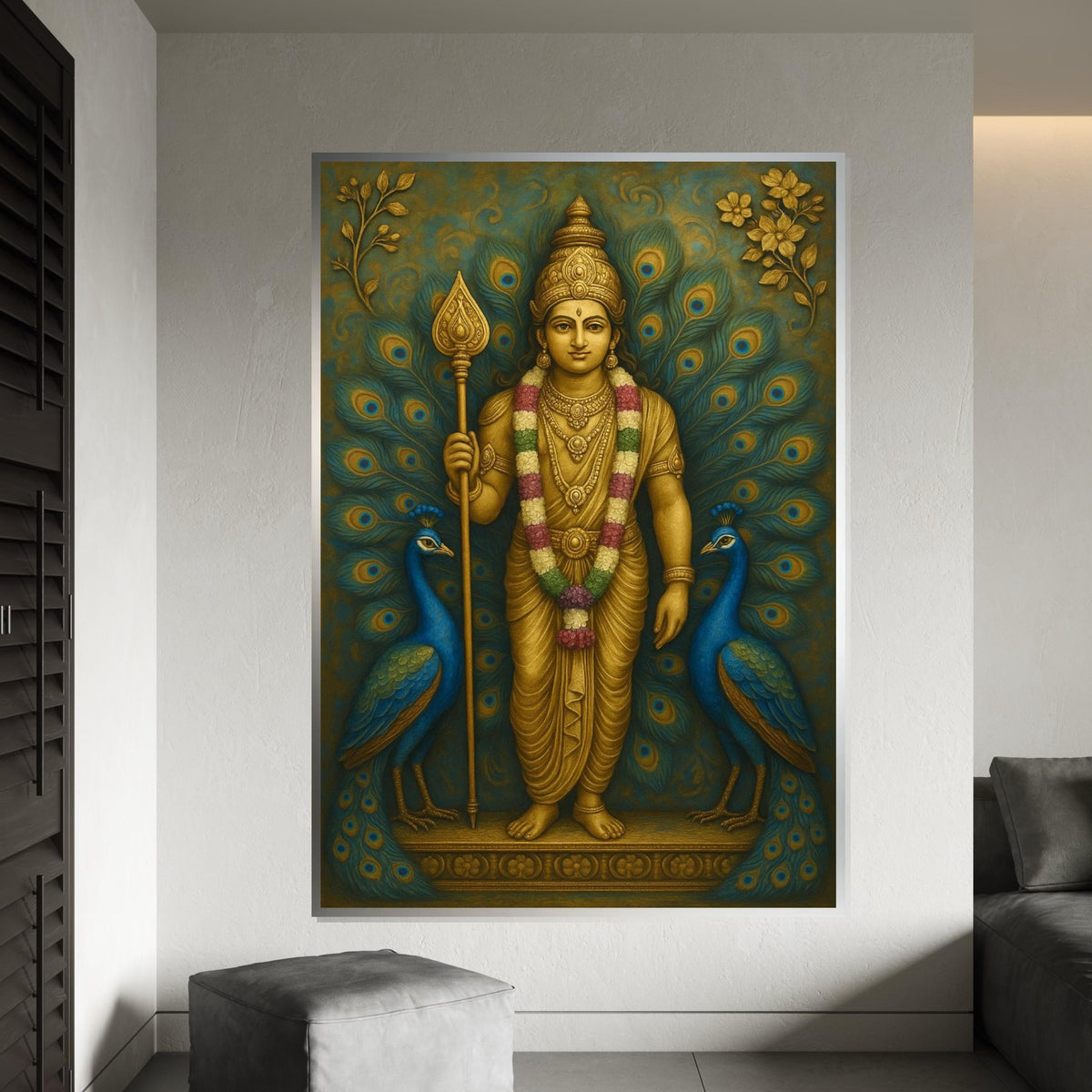 Murugan Hindu God Canvas Print,Golden Kartikeya with Peacocks Spiritual Painting, Large Indian Mythology Wall Art for Meditation Decor