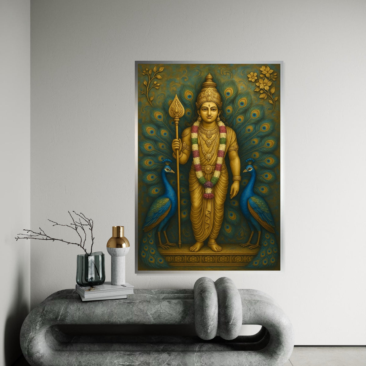 Murugan Hindu God Canvas Print,Golden Kartikeya with Peacocks Spiritual Painting, Large Indian Mythology Wall Art for Meditation Decor