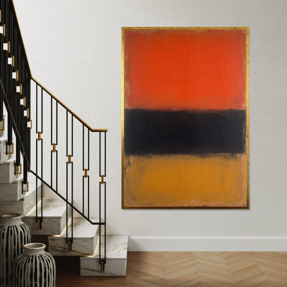 Orange, Black & Mustard Abstract Canvas Print – Rothko Style Minimalist Large Wall Art, Modern Mid-Century Painting for Living Room Decor