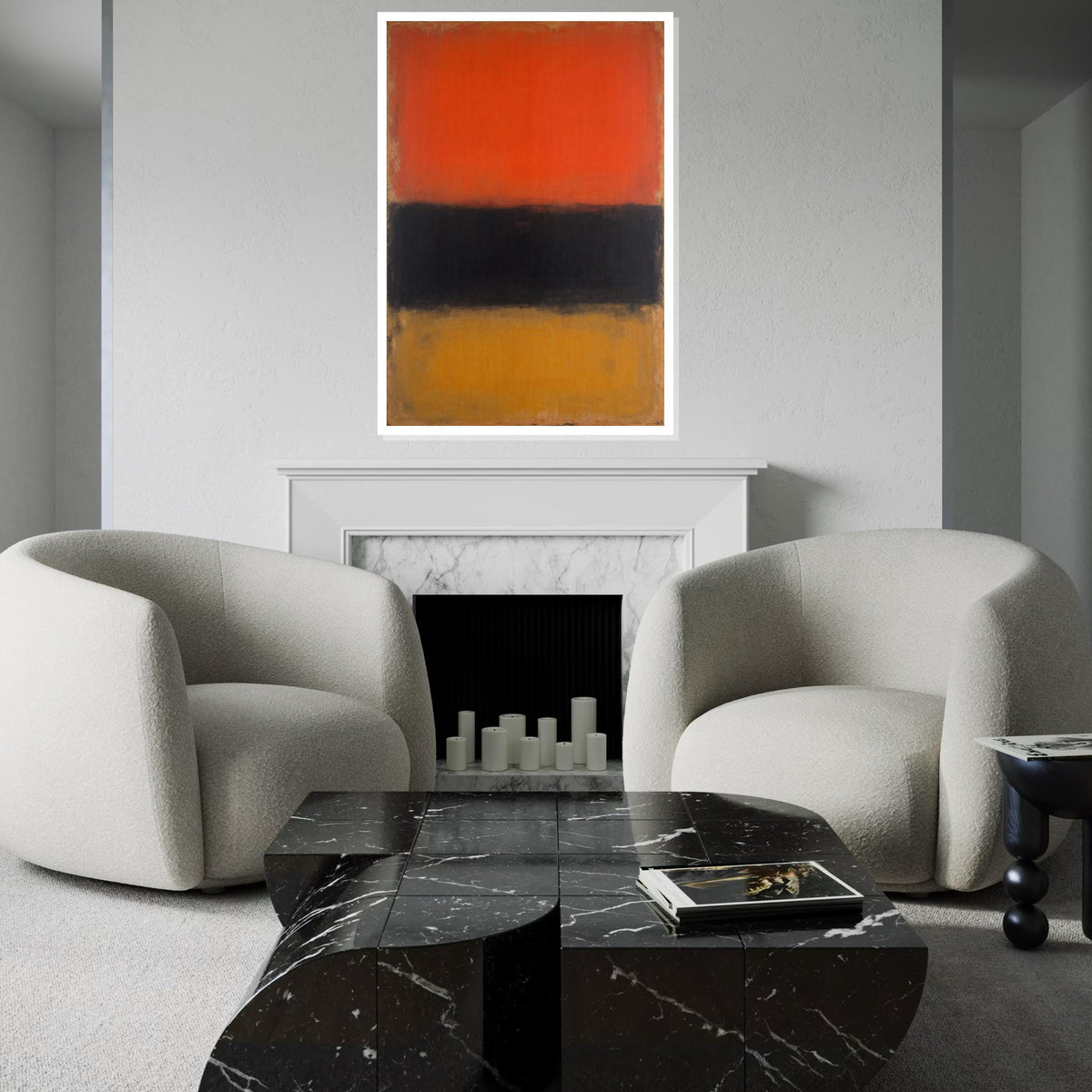 Orange, Black & Mustard Abstract Canvas Print – Rothko Style Minimalist Large Wall Art, Modern Mid-Century Painting for Living Room Decor