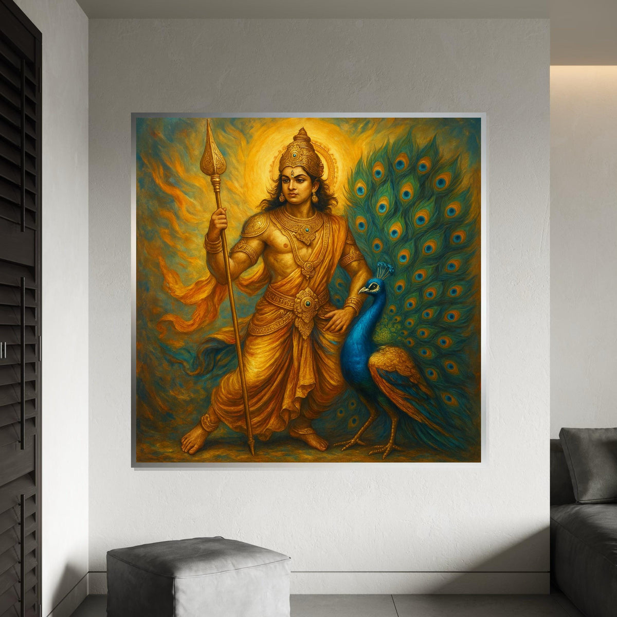 Murugan Lord Kartikeya Canvas Print – Golden Hindu God with Peacock, Spiritual Wall Art, Large Indian Mythology Decor