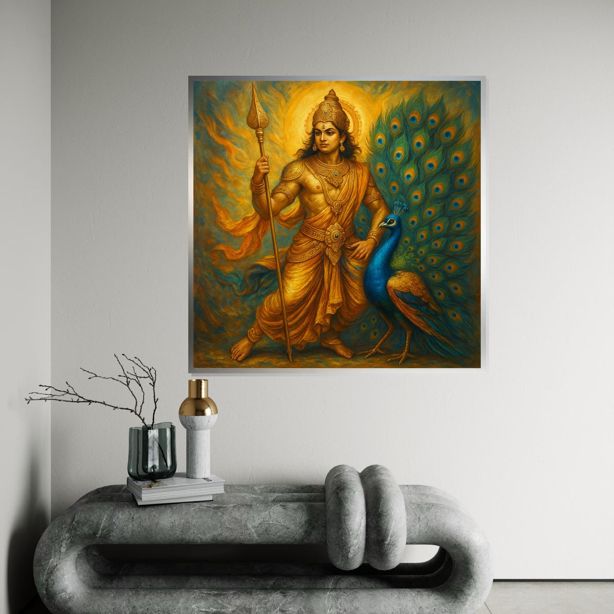 Murugan Lord Kartikeya Canvas Print – Golden Hindu God with Peacock, Spiritual Wall Art, Large Indian Mythology Decor