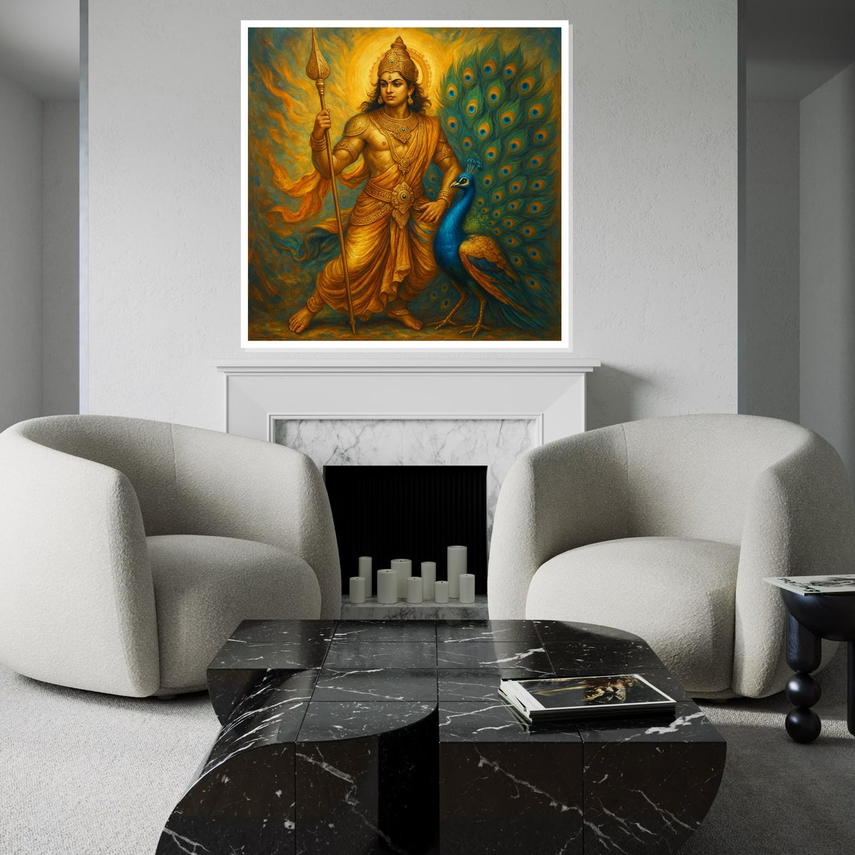 Murugan Lord Kartikeya Canvas Print – Golden Hindu God with Peacock, Spiritual Wall Art, Large Indian Mythology Decor