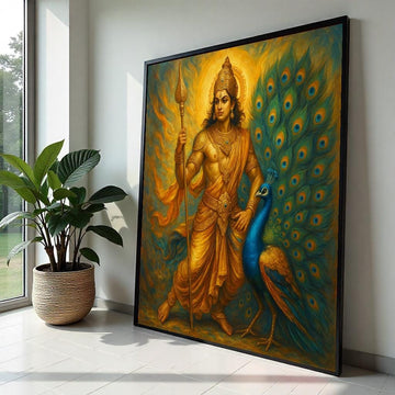 Murugan Lord Kartikeya Canvas Print – Golden Hindu God with Peacock, Spiritual Wall Art, Large Indian Mythology Decor