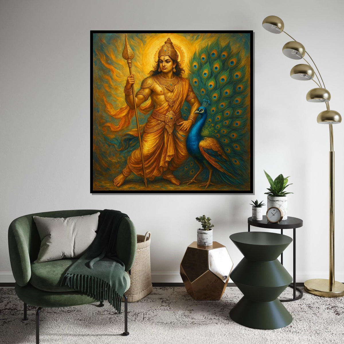 Murugan Lord Kartikeya Canvas Print – Golden Hindu God with Peacock, Spiritual Wall Art, Large Indian Mythology Decor
