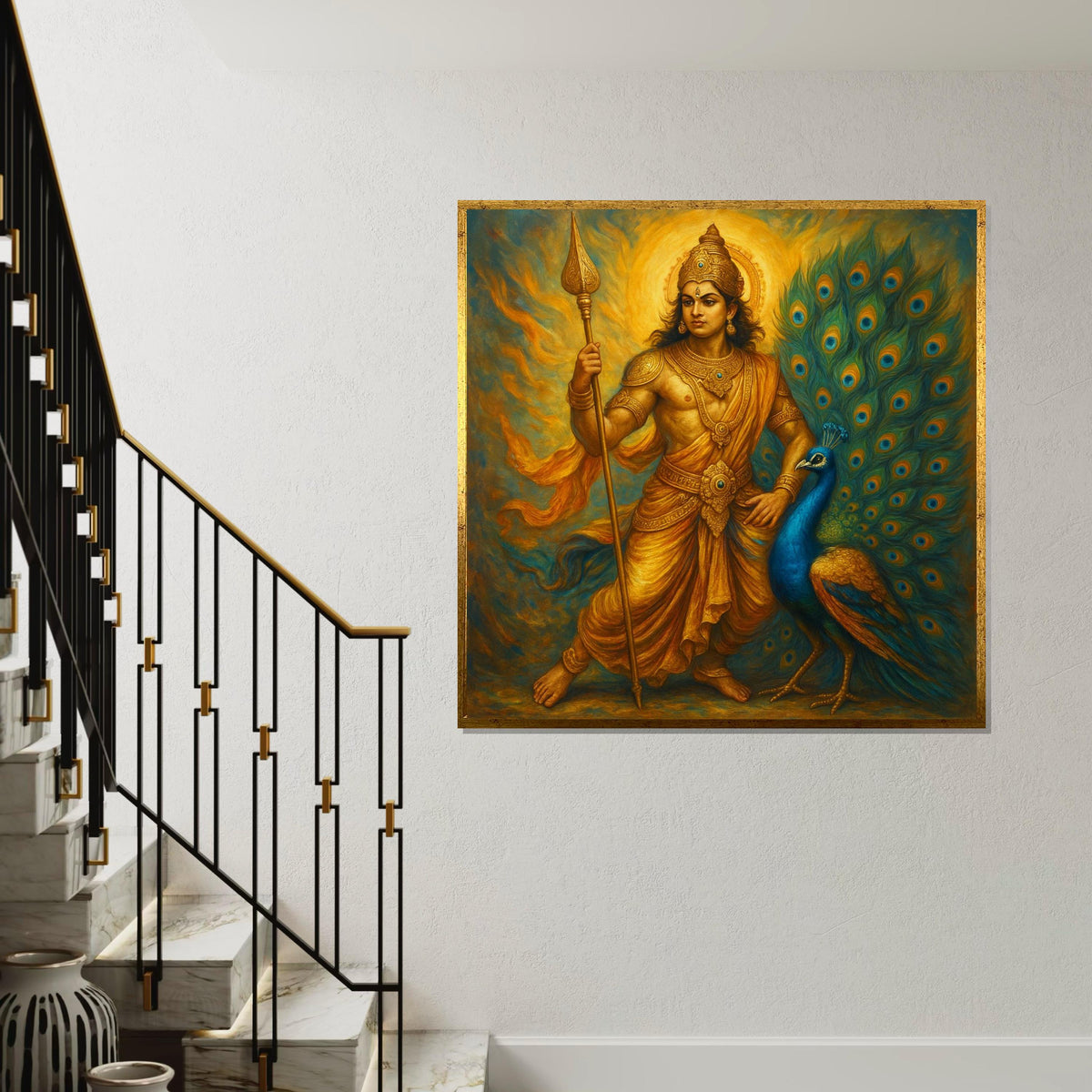 Murugan Lord Kartikeya Canvas Print – Golden Hindu God with Peacock, Spiritual Wall Art, Large Indian Mythology Decor