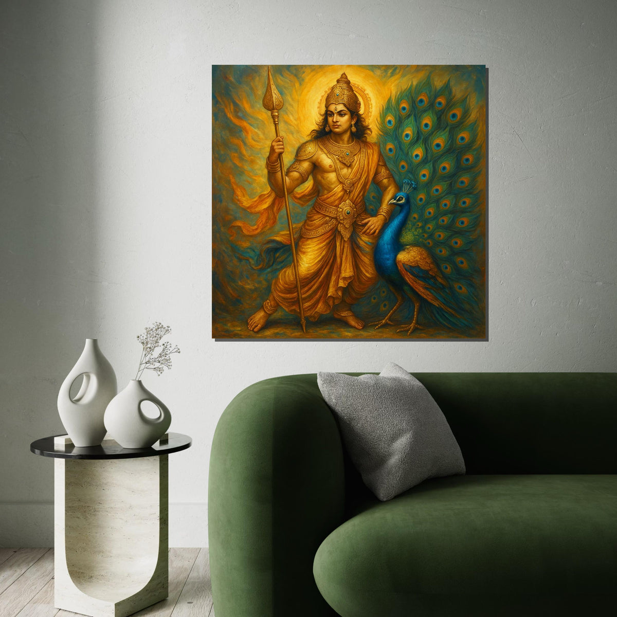 Murugan Lord Kartikeya Canvas Print – Golden Hindu God with Peacock, Spiritual Wall Art, Large Indian Mythology Decor
