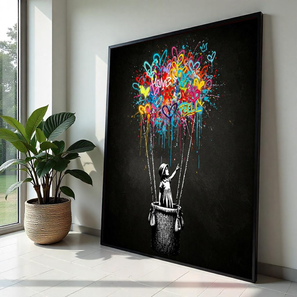Banksy Style Balloon Girl Graffiti Canvas Print,Colorful Hearts Hot Air Balloon Street Art, Urban Spray Paint Pop Wall Decor