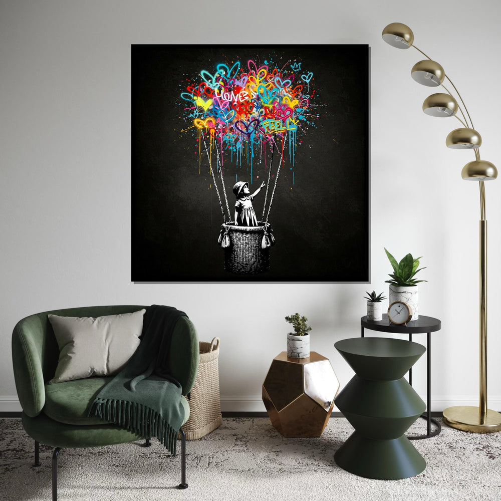 Banksy Style Balloon Girl Graffiti Canvas Print,Colorful Hearts Hot Air Balloon Street Art, Urban Spray Paint Pop Wall Decor
