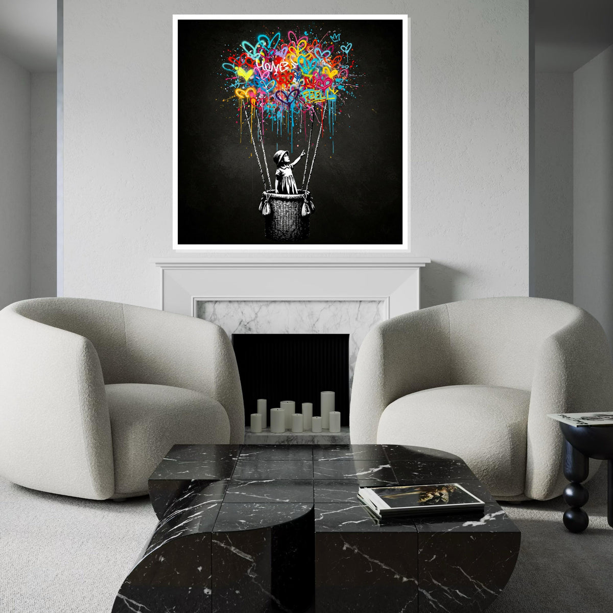 Banksy Style Balloon Girl Graffiti Canvas Print,Colorful Hearts Hot Air Balloon Street Art, Urban Spray Paint Pop Wall Decor