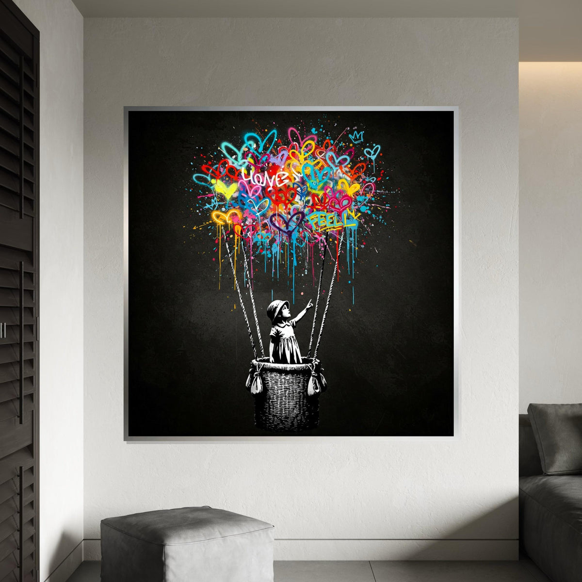 Banksy Style Balloon Girl Graffiti Canvas Print,Colorful Hearts Hot Air Balloon Street Art, Urban Spray Paint Pop Wall Decor